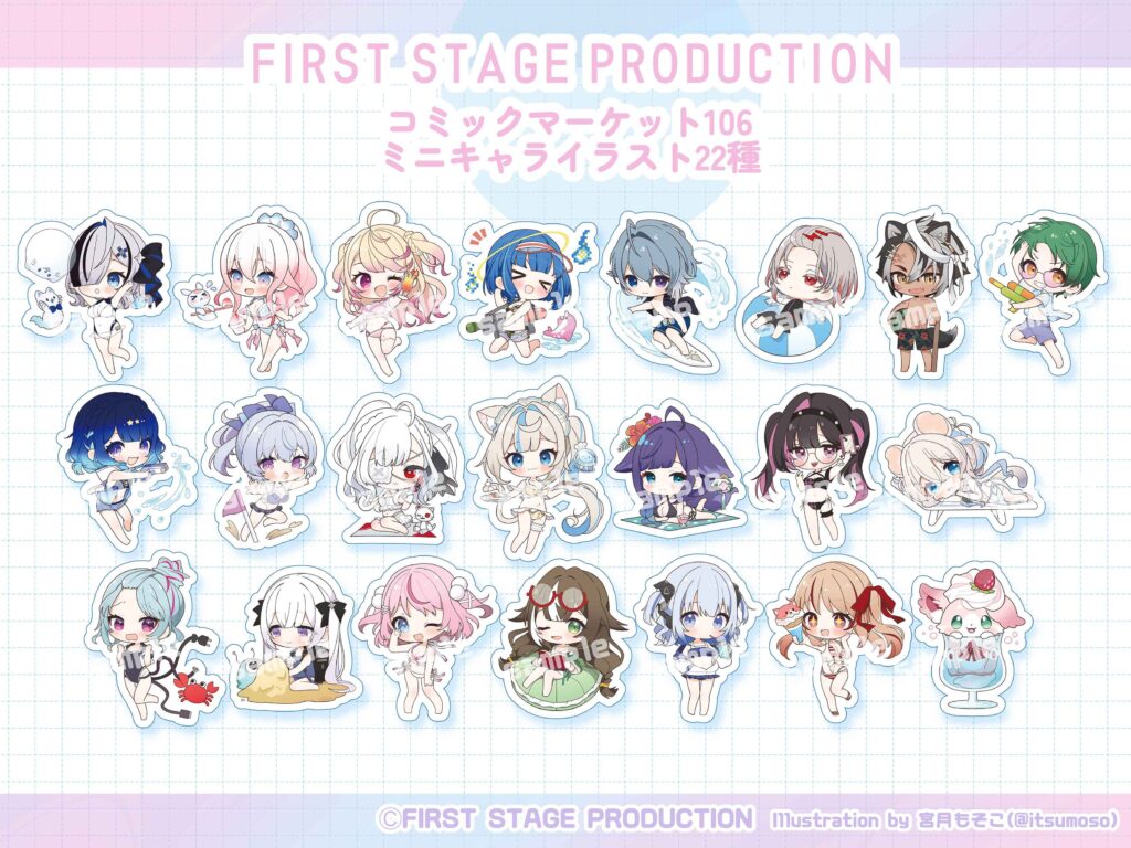 REALITYstudios_FIRST STAGE PRODUCTION（いちプロ_C106グッズ用ミニキャライラスト22体集合 横長版｜宮月もそこ制作